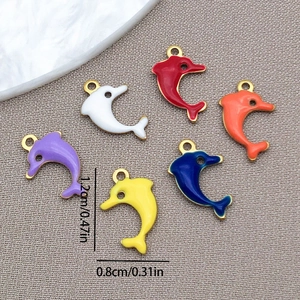 Colorful dolphin pendants in six enamel colors with gold trim and size measurements