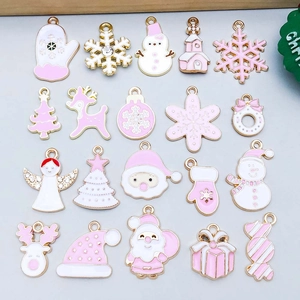 Pink Enamel Zinc Alloy Christmas Charms Pendants DIY Jewelry Snowflake Santa Reindeer Angel Christmas Tree Accessories