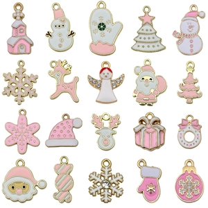 20pcs pink enamel Christmas charms with gold plating including snowflakes and reindeer