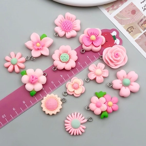 Pink resin flower charms set with metal rings for DIY jewelry making and crafts