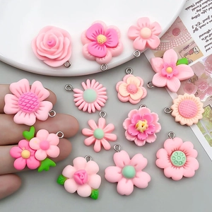 Pink resin flower charms with metal loops for DIY jewelry making and crafts