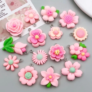 Pink resin flower charms with metal hooks for DIY jewelry making in various floral shapes