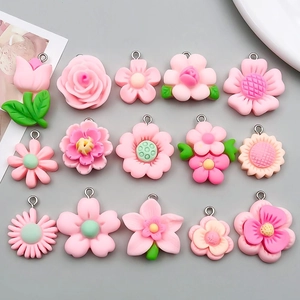 Pink Resin Flower Charms With Alloy Loop For DIY Jewelry Making Sunflower Daisy Rose Tulip Cherry Blossom Pendant Accessories