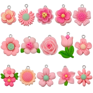 15-piece pink resin flower charms set with sunflower and tulip pendants for DIY jewelry