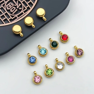 Set of 12 gold stainless steel round birthstone pendants with colorful zircon gems