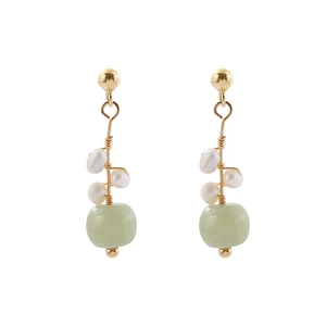 Elegant gold wire drop earrings with white pearls and green jade-like stones on white background