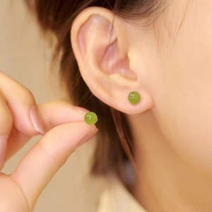 Pendientes de Botón de Plata de Ley 925 con Jaspe para Mujer Verde Manzana Verde Espinaca Cuenta Redonda Joyería Piercing Vintage