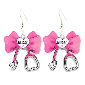Boucles d'oreilles stéthoscope rose pour infirmière avec motif cœur et nœud mignon