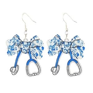 Boucles d'oreilles stéthoscope pour infirmière avec nœud floral bleu sur acrylique blanc