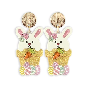 Detail of Easter bunny drop earrings with glittery flowers carrots and colorful eggs