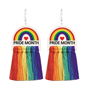 Boucles d'oreilles pompon Rainbow Pride Month avec pièce en arc blanc et franges