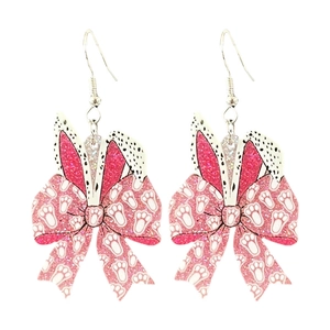 Easter glitter pink bow earrings with cute rabbit ears and white paw print pattern