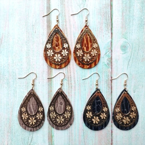 Vintage Bohemian Leather Teardrop Earrings Alloy Hollow Flower Pattern Double Layered Ethnic Style Jewelry Earrings For Women