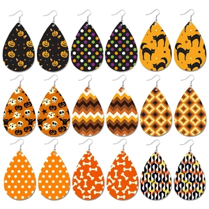 Halloween Kunstleer Druppel Oorbellen Pompoen Geest Zwarte Kat Patroon Voor Vrouwen Festival Feest Sieraden Cadeau