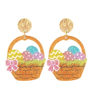 Sparkly Easter egg basket earrings with pink glitter bow and golden metal studs