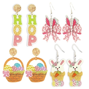 Easter Glitter Acrylic Bunny Egg Drop Earrings Colorful Hop Letter Rabbit Ear Basket Dangle Earrings Festive Jewelry Gift For Girls Kids