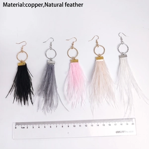 Set of five long tassel feather earrings in multiple colors with hanging metal hooks