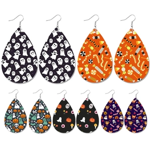 Halloween Kunstleer Traanvorm Oorbellen Legering Haak Pompoen Geest Snoep Print Hangende Oorbellen Voor Vrouwen Sieraden
