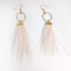 Detailed macro view of light pink feather earrings with engraved golden circular links