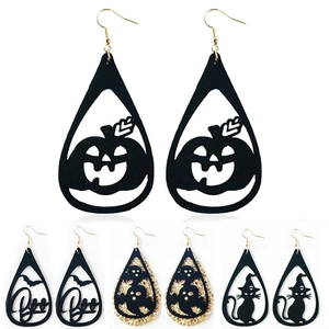 Pendientes de Lágrima de Cuero Sintético de Halloween Brillo Dorado Negro Calabaza Fantasma Gato Murciélago Joyería de Fiesta