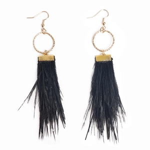 Elegant long bohemian black feather tassel earrings with round golden charms