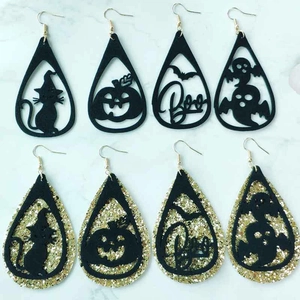 Pendientes de gota para Halloween con gato negro, calabaza, fantasma y purpurina