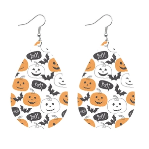 Detail of teardrop faux leather earrings with pumpkin, bat, and Boo prints for Halloween