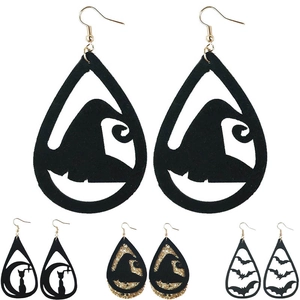 Halloween Faux Leather Drop Earrings For Women Witch Hat Bat Spider Web Cat Moon Hollow Out Glitter Waterdrop Dangle Jewelry