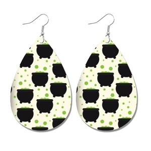 Halloween teardrop leather earrings featuring a witch cauldron and green bubbles print