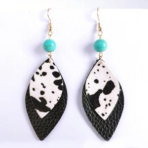 Bohemian leather leaf earrings with cow print and black texture plus turquoise bead