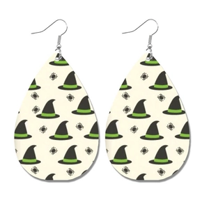 Detail of teardrop leather earrings featuring Halloween witch hats and spiders