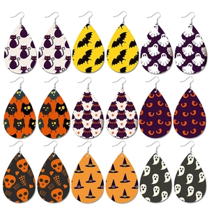 Halloween Kunstleder Tropfen Ohrringe Für Damen Geist Fledermaus Skelett Muster Feiertags Party Schmuck Geschenk Ohrringe