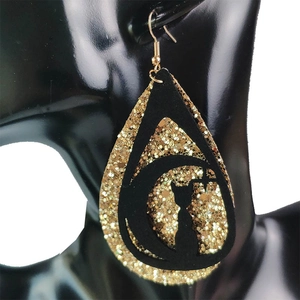 Halloween teardrop earrings featuring a black cat and crescent moon on gold sequins