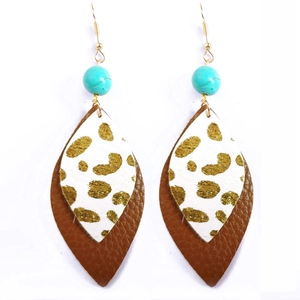 Bohemian leaf earrings with leopard print leather, turquoise beads, and golden metal hooks