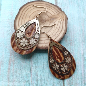 Vintage teardrop earrings with brown leather and golden hollow flower patterns