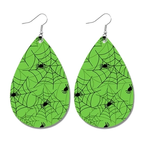 Green faux leather teardrop earrings with black spider web and spider Halloween prints