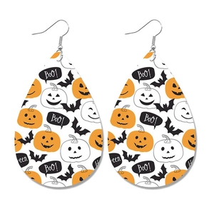 Halloween teardrop leather earrings featuring orange pumpkin and black bat patterns