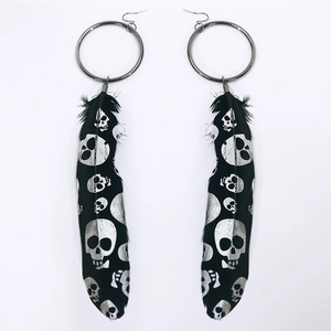 Vintage Halloween feather earrings with silver hoop and skull prints on black feathers