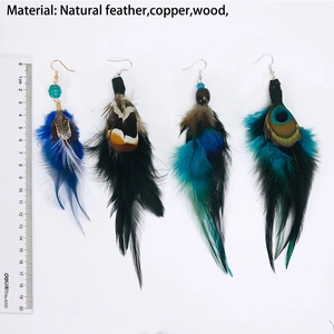 Bohemian peacock and pheasant feather long dangle earrings with colorful beads