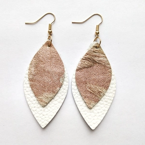 Detail view of double-layer leaf earrings with rose gold hair and white lychee leather