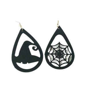 Halloween drop earrings with black cat, witch hat, and spider web cutout designs