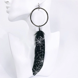 Gothic Halloween hoop earrings with black feathers and silver spider web patterns