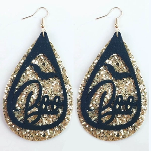 Pendientes de Halloween en forma de gota con letras Boo y murciélago sobre brillo dorado