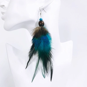 Bohemian peacock feather earrings with colorful layers and decorative wooden beads