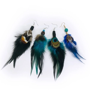 Bohemian Peacock Feather Drop Earrings Vintage Ethnic Long Dangle Earrings With Wood Beads For Women Jewelry