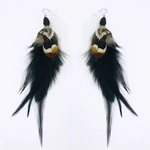 Bohemian peacock feather earrings with black and spotted feathers in ethnic style