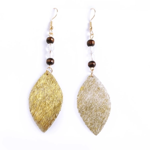 Bohemian leaf earrings with gold brushed texture and dark wood beaded accents