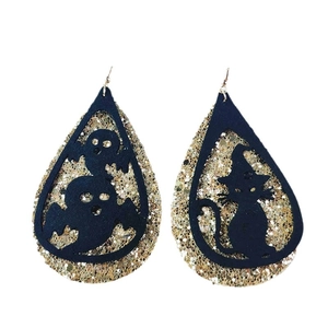 Pendientes de gota de Halloween con purpurina, fantasma y gato con sombrero