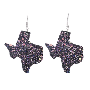 Sparkly Texas map drop earrings with multi-color glitter finish on a white background