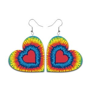 Regenbogen Batik Herzform Kunstleder Ohrhänger mit silbernen Metallhaken für Damen